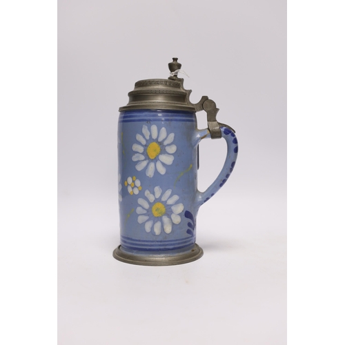 575 - A South German pewter mounted faience tankard, 22cm