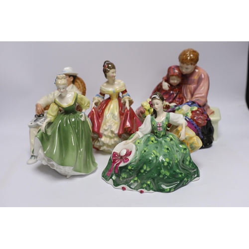 578 - Six various Royal Doulton figures - Southern Belle, Taking Things Easy, Fair Lady, The Laird, Elyse ... 