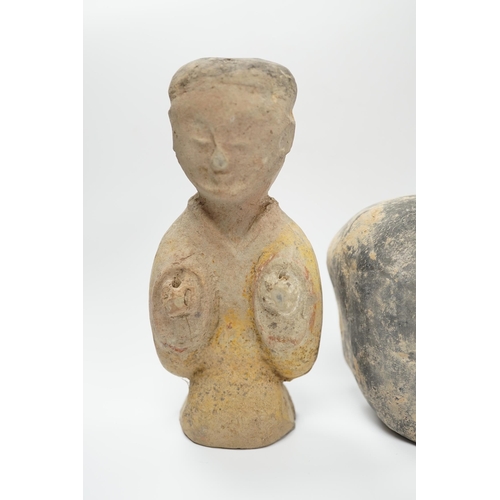 584 - A Chinese grey pottery head and a bust, Han dynasty, tallest 17cm