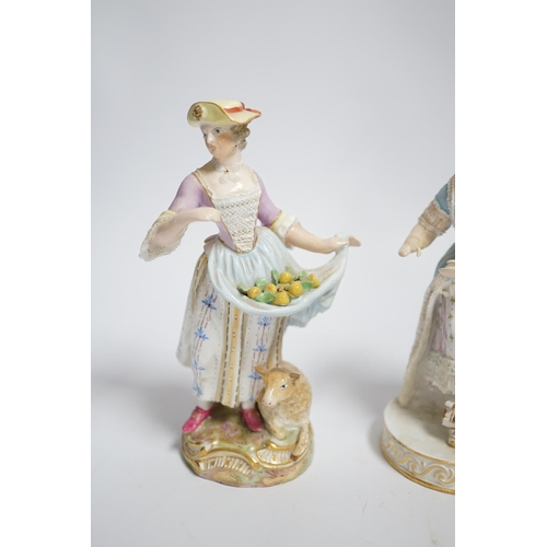 589 - A late Meissen porcelain figure of a young woman wearing a black jacket and floral skirt on circular... 