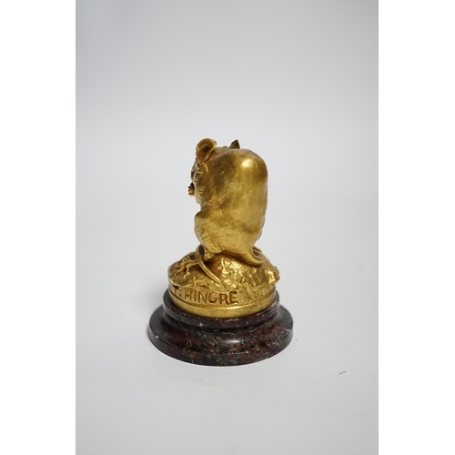 593 - After Theophile Hingre, a small gilt bronze model of a mouse, raised on marble base, 8cm high