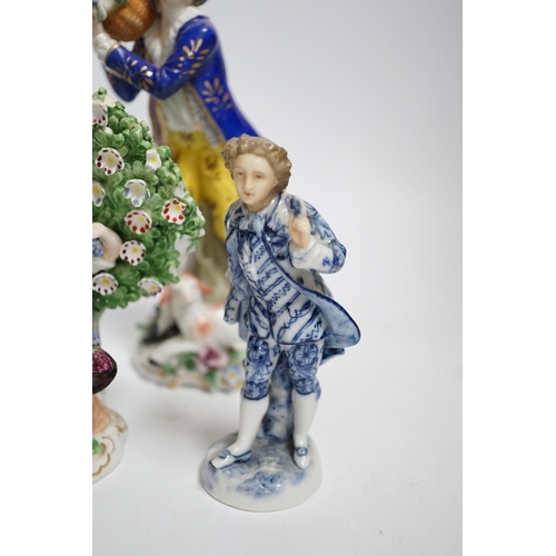 596 - A pair of Derby style porcelain small bocage figures, a boy and girl seated with grape filled hats, ... 