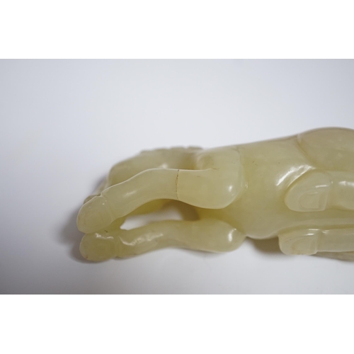 599 - Two Chinese carved jade figures of horses on stands, largest 11cm wide