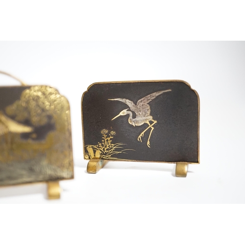 605 - Three Japanese gold damascened iron menu holders by S. Komai, in original box, each 5cm wide