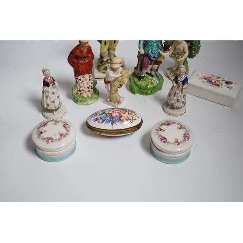 612 - A group of early 19th century and later Staffordshire and other figures, Staffordshire enamel boxes ... 