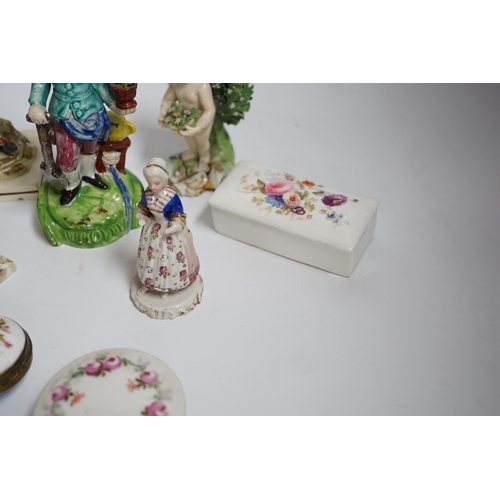 612 - A group of early 19th century and later Staffordshire and other figures, Staffordshire enamel boxes ... 