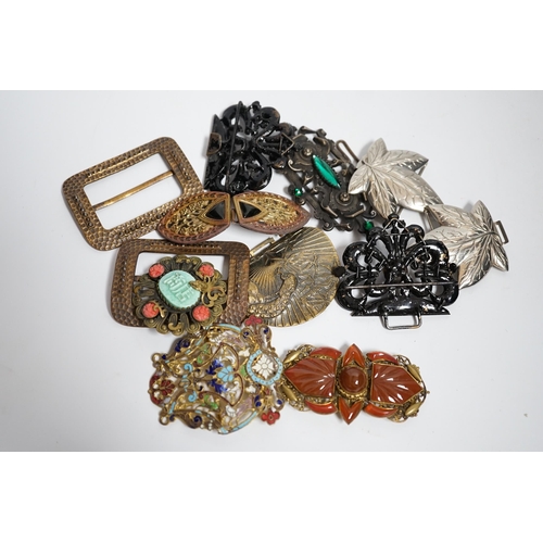 616 - A collection of 20th century and later buckles including jet, Art Deco paste, Japanese Satsuma and t... 