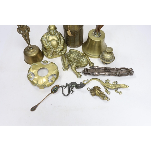 622 - Sundry metalware including hinged brass frog with compartment, nutcrackers, a seated Buddha and a 92... 