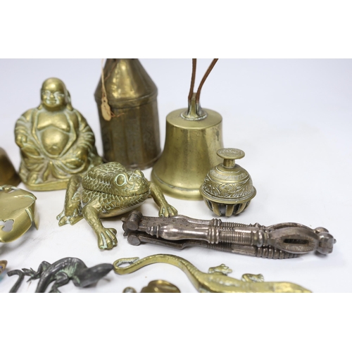 622 - Sundry metalware including hinged brass frog with compartment, nutcrackers, a seated Buddha and a 92... 