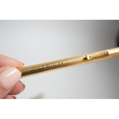 626 - A 9 carat? (marks rubbed) pencil and another rolled gold pencil