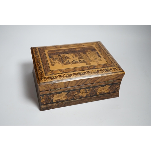 637 - A 19th century Tunbridge ware box, view of Hever Castle, 21cm wide