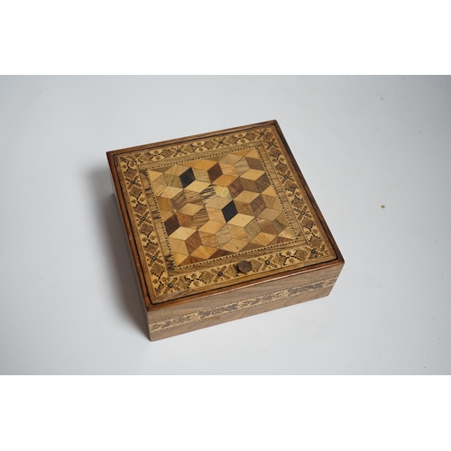 638 - A 19th century Tunbridge ware perspective cube marquetry box, 15cmsq