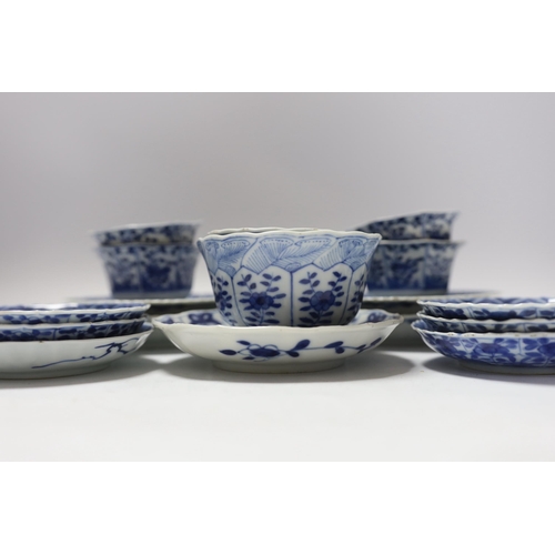 656 - Two pairs of 19th century Chinese blue and white teabowls and saucers, a set of six other blue and w... 