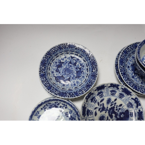 656 - Two pairs of 19th century Chinese blue and white teabowls and saucers, a set of six other blue and w... 