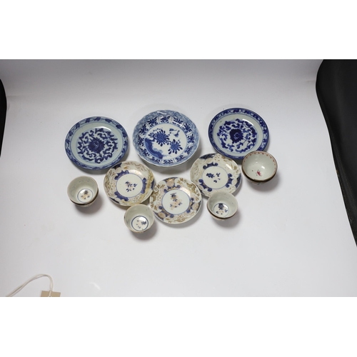 660 - Four 18th century Japanese teabowls with three matching saucers, two 19th century Chinese cafe au la... 