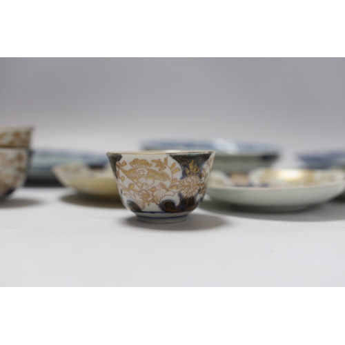 660 - Four 18th century Japanese teabowls with three matching saucers, two 19th century Chinese cafe au la... 