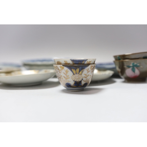 660 - Four 18th century Japanese teabowls with three matching saucers, two 19th century Chinese cafe au la... 