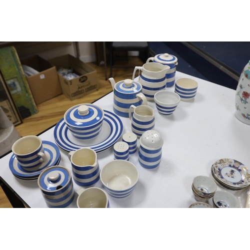 661 - T.G. Green and other Cornishware including; a teapot, two large jugs and three smaller jugs, salt an... 