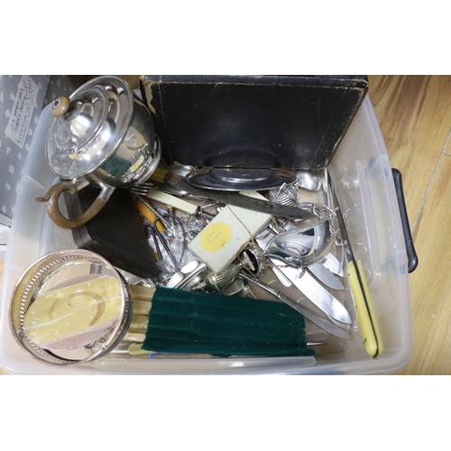 663 - Sundry plated wares including cased set of silver handled knives, plated wine coasters and candlesti... 