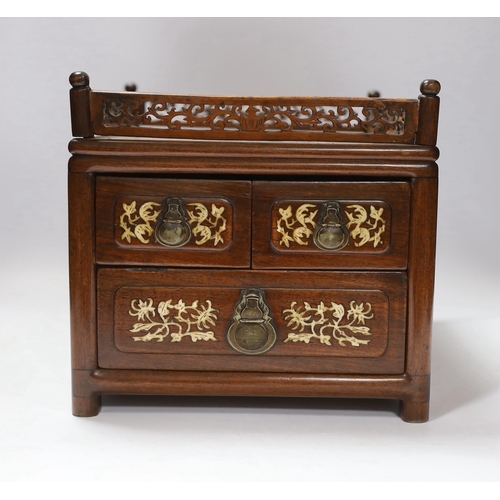 669 - A calligraphers box with bone inlay and three fitted drawers, 34cm in length