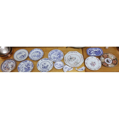 670 - A group of 18th century Chinese porcelain plates and saucers, mostly blue and white and an octagonal... 