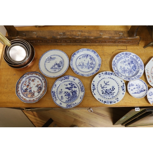 670 - A group of 18th century Chinese porcelain plates and saucers, mostly blue and white and an octagonal... 