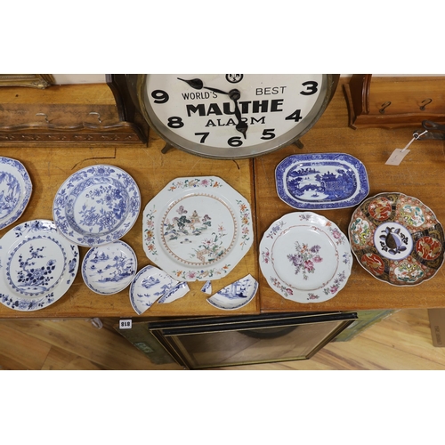 670 - A group of 18th century Chinese porcelain plates and saucers, mostly blue and white and an octagonal... 