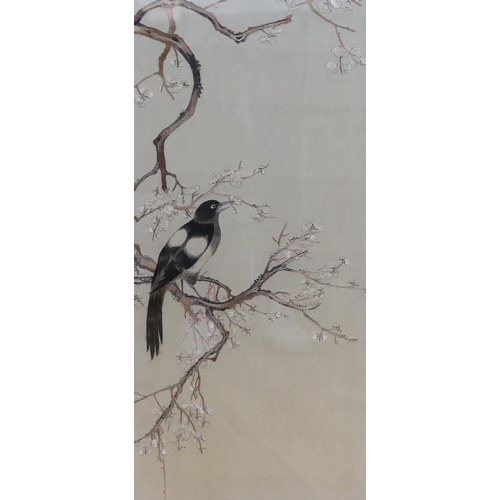 684 - An early 20th century framed Japanese silkwork of a magpie