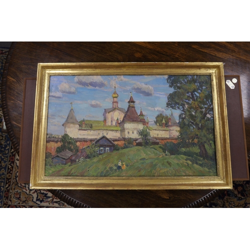 686 - Russian school, oil on board, landscape, signed, inscribed in Cyrillic verso, 48 x 78cm