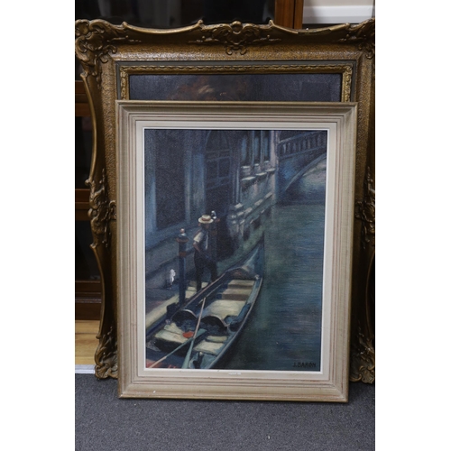 688 - J Baron, oil on canvas board, Venetian canal with gondola, signed, 59 x 44cm