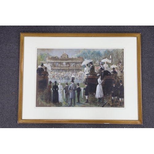 690 - Cecil E.L. Cutler (1886-1934), watercolour and gouache, 'Race meeting, Sandown Park', signed, 35 x 5... 