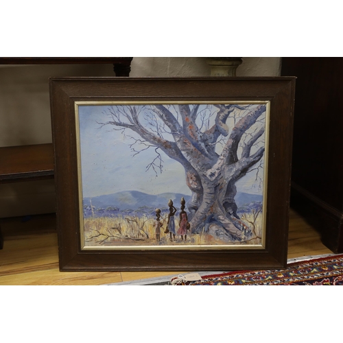 691 - J Wilde, oil on board, African landscape with three figures, signed and dated 1964, 47 x 59cm