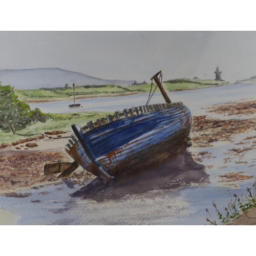 693 - Hal Mileham (contemporary), watercolour, Beached fishing boat, signed, together with two engravings,... 