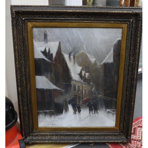 697 - Van Heinz (Dutch, 19th/20th. C), oil on canvas, Winter street scene with figures, signed, 69 x 55cm... 