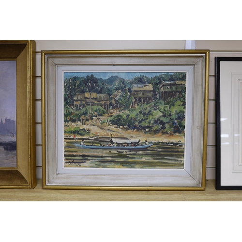 701 - Christopher Meis? (20th century), oil on canvas, 'River Scene, Borneo', signed and dated '67, label ... 