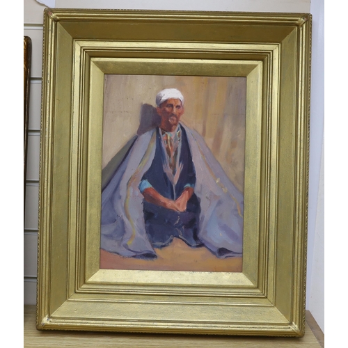 707 - 20th century Orientalist School, oil on board, Portrait of a seated Eastern gentleman in robes, unsi... 