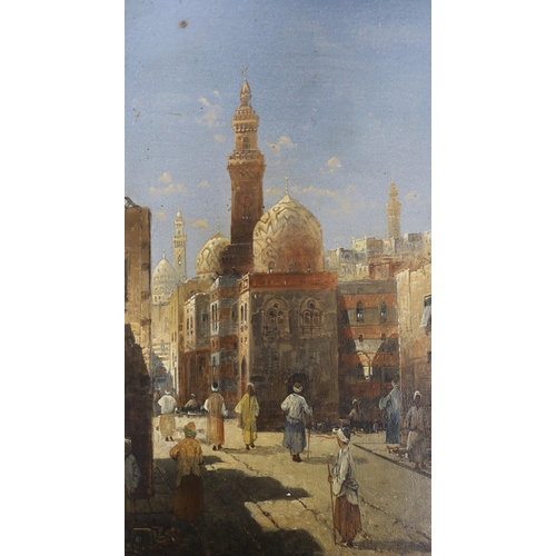 709 - Karl Kaufmann (Austrian, 1843-1905), pair of Orientalist oils on board, Eastern street scenes with f... 