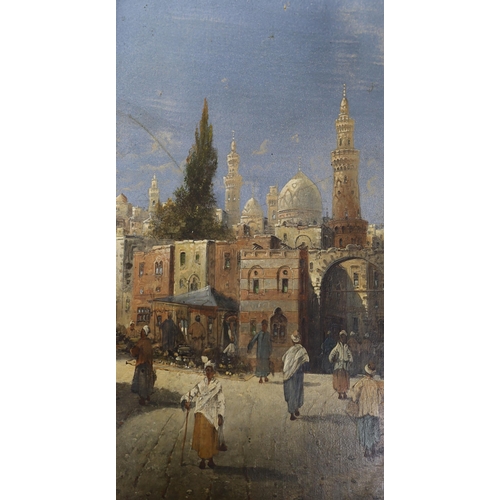 709 - Karl Kaufmann (Austrian, 1843-1905), pair of Orientalist oils on board, Eastern street scenes with f... 