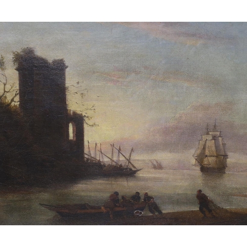 718 - Late 19th / early 20th century, Dutch School, oil on canvas, Estuary scene with boats, unsigned, 31 ... 