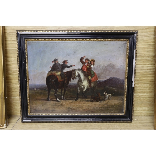 722 - 18th century style, oil on board, Figures on horseback before a landscape, indistinctly inscribed lo... 