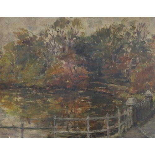 734 - Albert Pinot (1875-1962), oil on board, Lake scene, signed and dated '58, 35 x 45cm, unframed