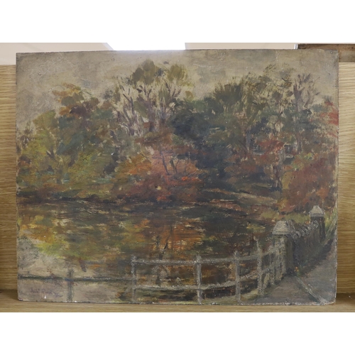 734 - Albert Pinot (1875-1962), oil on board, Lake scene, signed and dated '58, 35 x 45cm, unframed