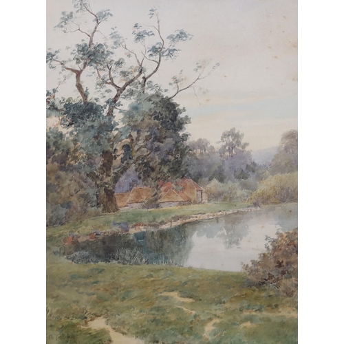 735 - Thomas Nicholson Tyndale (1858-1936), watercolour, Farmhouse beside a lake, signed, 26 x 20cm