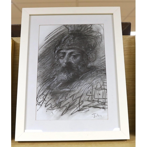 740 - Circle of Augustus John RA (Welsh, 1878-1961), heightened charcoal, Classical bearded warrior, bears... 