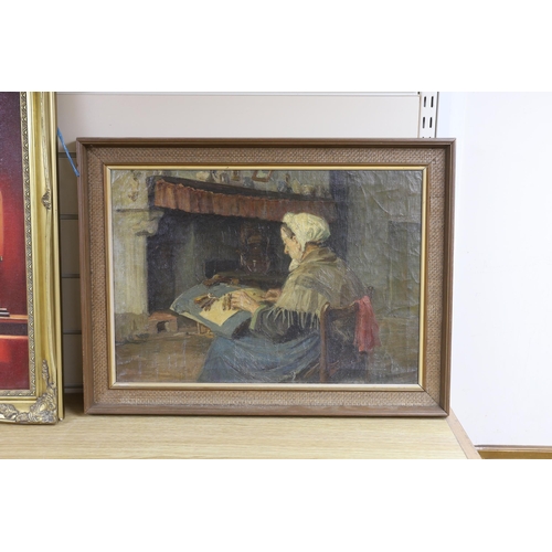 749 - E. Hunter (19th/20th. C), oil on canvas, Study of an elderly lady in an interior, signed, 34 x 49cm... 