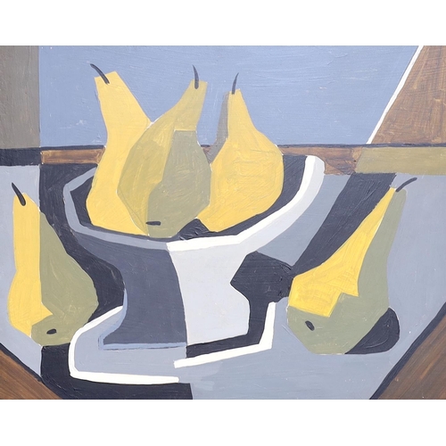 754 - Cubist style, oil on board, Still life of pears in a bowl, unsigned, 27 x 35cm