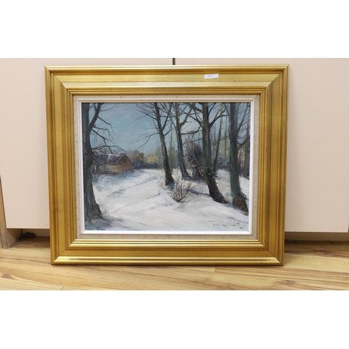 756 - Poul Kastrup (Danish, 1920-1987), oil on canvas, Snowy winter landscape, signed, 34 x 43cm, gilt fra... 