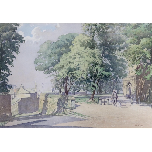 758 - Leonard Barton (1893-1971), watercolour, Street scene with figure and dog, signed, 26 x 37cm