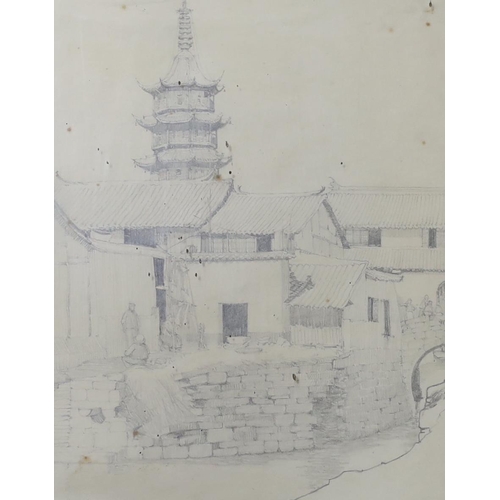 760 - Manner of George Chinnery (1774- 1852), pencil, Chinese flat water with pagoda beyond, 31 x 25cm... 