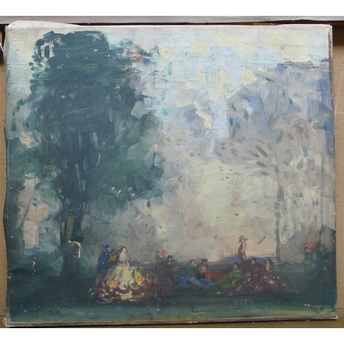 794 - William George Robb (1872-1940), oil on canvas, Figures in parkland, 45 x 50cm, unframed